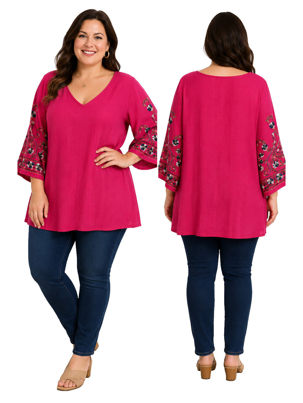 Forgotten Grace 3X Embroidered Bell Sleeve V-Neck Tunic Pink Boho Plus Size